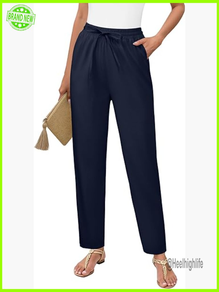 High Waisted Cropped Linen Pants Drawstring Ankle Trousers Casual Lounge